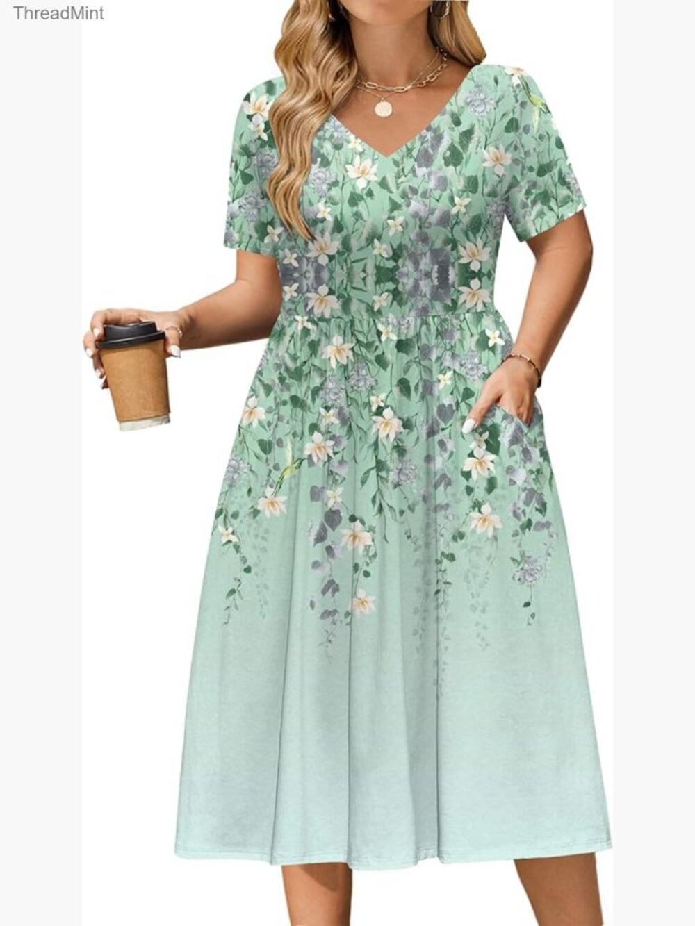 Plus Size Casual Midi Dress with Pockets V-Neck Short Sleeve Summer Boho